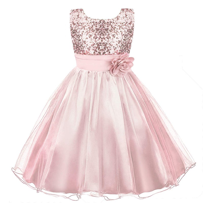 Acecharming Girls Dresses Sequin Flower Girls Party Dress Bridesmaid Ball Gown Wedding Tulle 3-10 Years Pink - Image 1